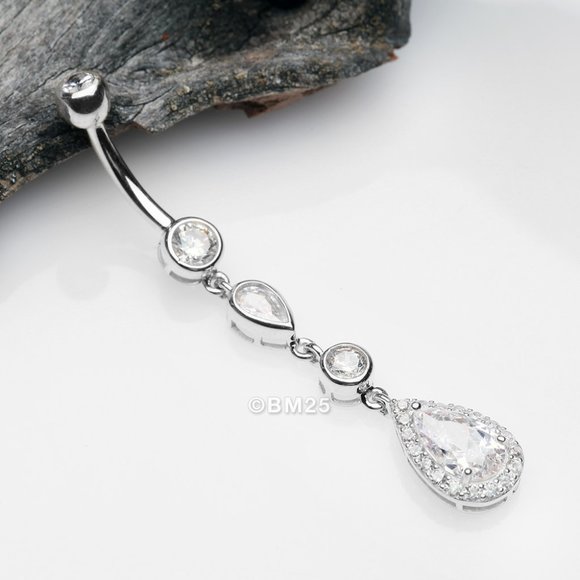 14 Karat White Gold Brilliant Teardrop Cascading Sparkle Belly Button Ring